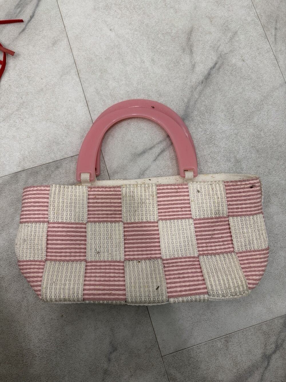 Women’s Pink Beige Check Satchel Top Handle Zip Closure White Lined
